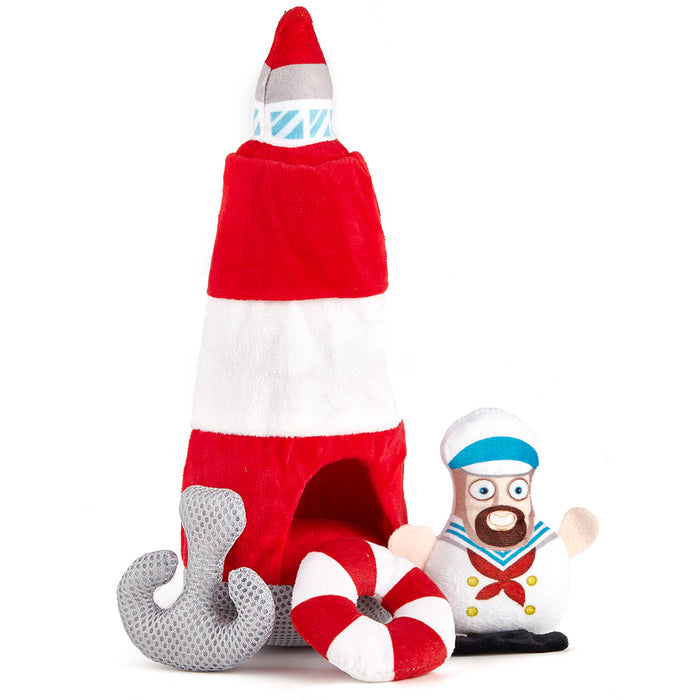 Puzzle dog toy for interactive hide and seek play, a lighthouse with three small toys inside, 4 pieces set