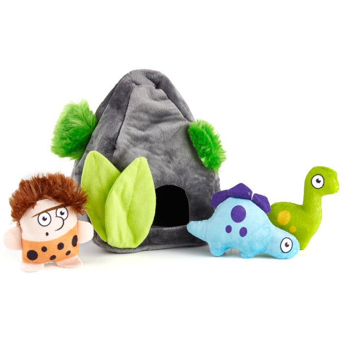 Puzzle dog toy for interactive hide and seek play, stone house with dinosaurs and a caveman inside, 4 pieces set