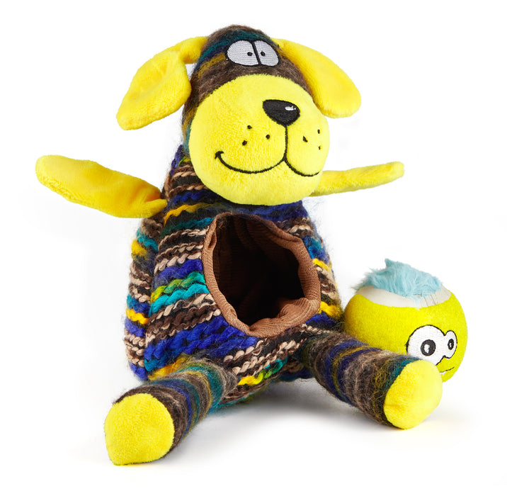 Puzzle dog toy for interactive play, a dog with a soft ball inside