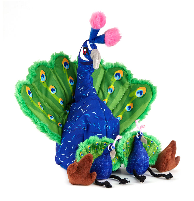 Puzzle dog toy for interactive play, a peacock with two baby peacocks inside