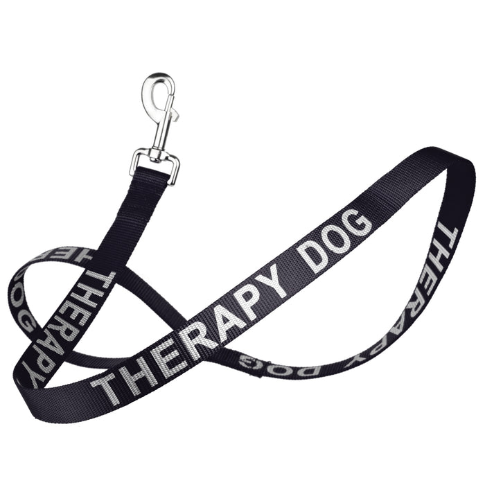 Black nylon dog leash with Therapy Dog reflective lettering