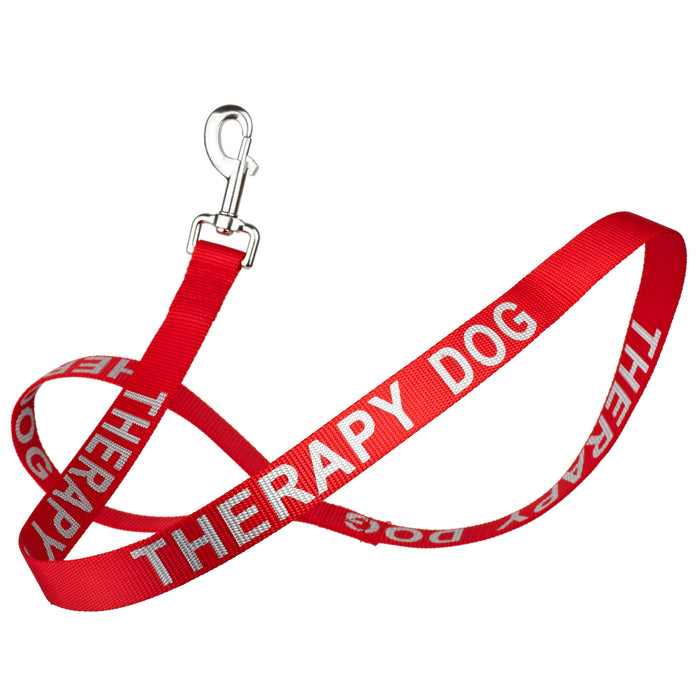 Red nylon dog leash with Therapy Dog reflective lettering