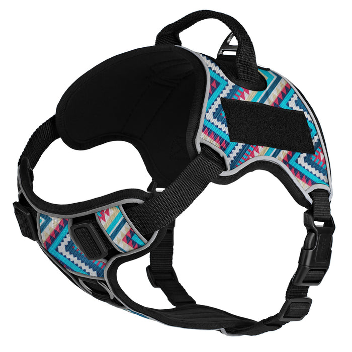 Aztec design dog harness made from neoprene, with top handle and two hook and loop fasteners; adjustable straps