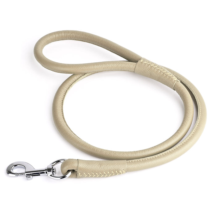 Beige leather dog lead with metal snap hook, 1/2-inch wide