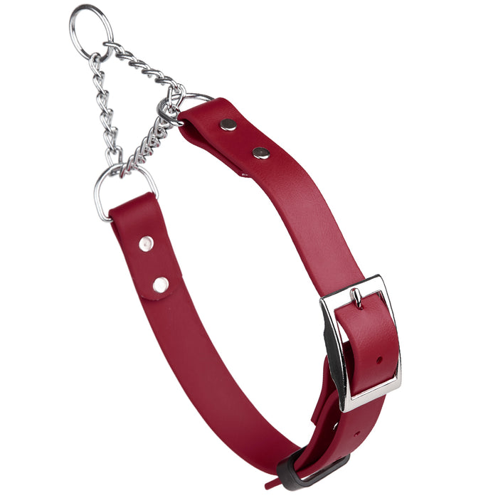 Merlot Burgundy adjustable martingale dog collar with buckle and Herm Sprenger assembly chain, made from waterproof Biothane