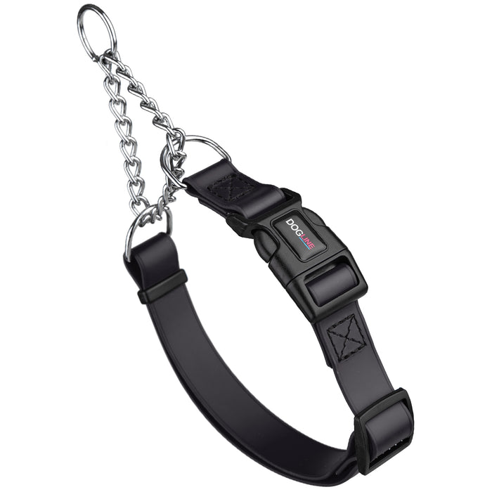 Black martingale dog collar with quick release buckle and Herm Sprenger assembly chain, made from waterproof Biothane