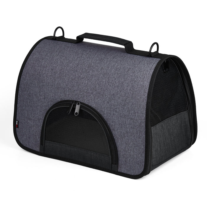 Black pet carrier for small dogs and cats with handle and mesh screens, collapsible