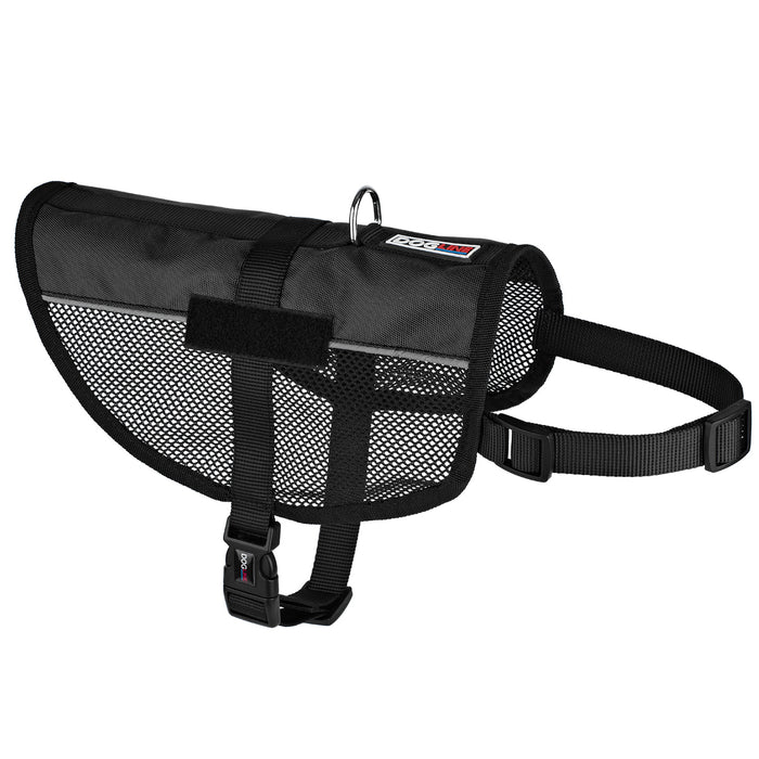 Black dog vest with adjustable straps, reflective stripes and patch loop backing