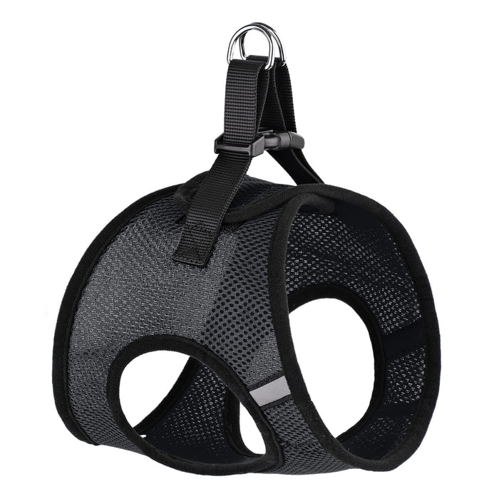 Black dog harness with reflective stripes and quick release buckle