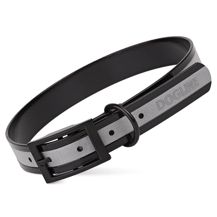 Black waterproof dog collar with reflective strip and buckle