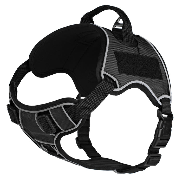 Black dog harness made from neoprene, with top handle and two hook and loop fasteners; adjustable straps