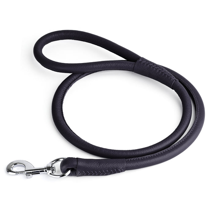 Black leather dog lead with metal snap hook, 1/2-inch wide