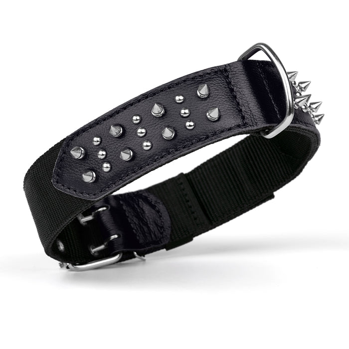 Black nylon and leather dog collar with spikes
