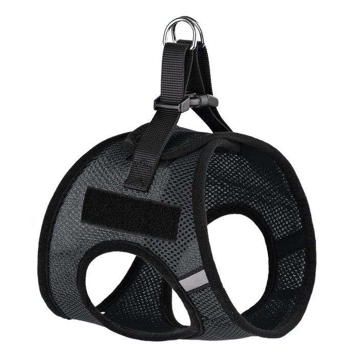 Black dog harness with quick release buckle and hook and loop fastener for removable patches, made from nylon mesh