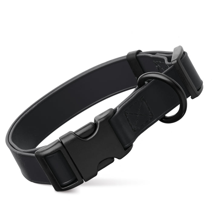 Black dog collar with quick release buckle, made from waterproof Biothane, 3/4- or 1-inch wide