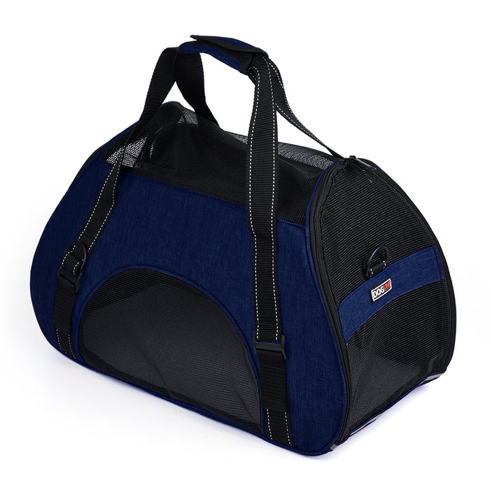 Blue small dog carrier bag with handles, optional shoulder strap and mesh sides