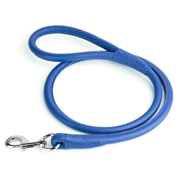 Blue leather dog lead with metal snap hook, 1/2-inch wide