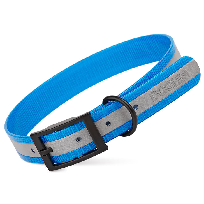 Blue waterproof dog collar with reflective strip and buckle