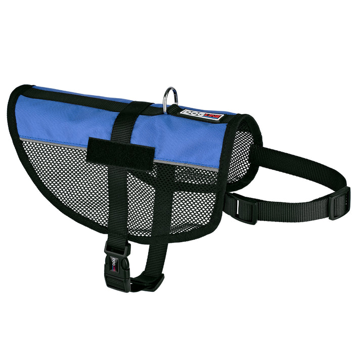 Blue dog vest with adjustable straps, reflective stripes and patch loop backing