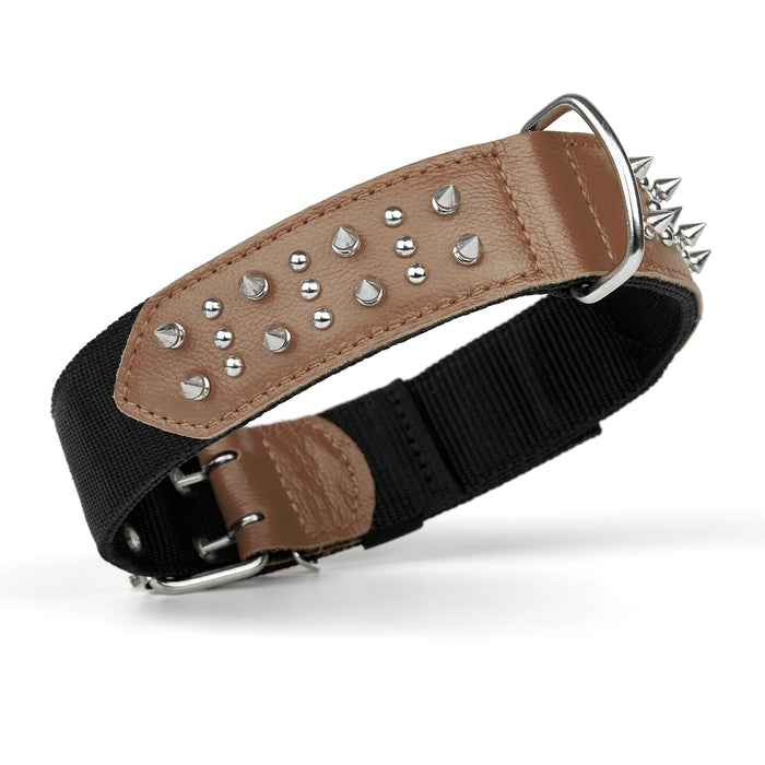 Black and brown nylon and leather dog collar with spikes