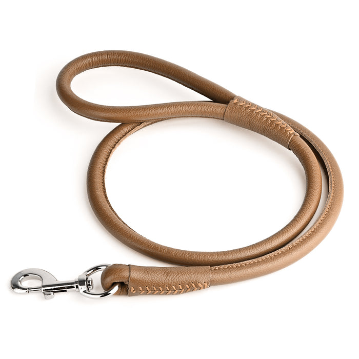 Brown leather dog lead with metal snap hook, 1/2-inch wide