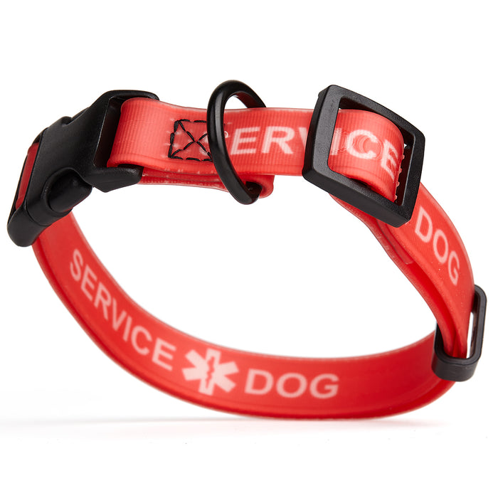 Red Service Dog Collar with quick release buckle, made from waterproof Biothane