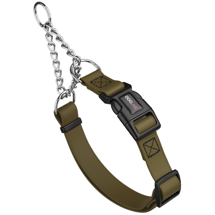 Coyote Brown martingale dog collar with quick release buckle and Herm Sprenger assembly chain, made from waterproof Biothane