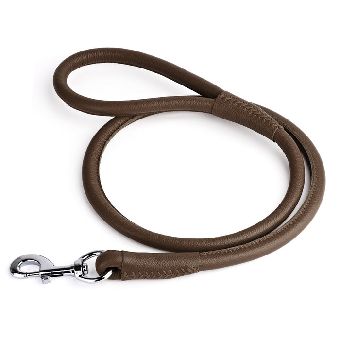 Dark brown leather dog lead with metal snap hook, 1/2-inch wide