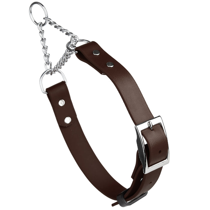 Dark Chocolate Brown adjustable martingale dog collar with buckle and Herm Sprenger assembly chain, made from waterproof Biothane