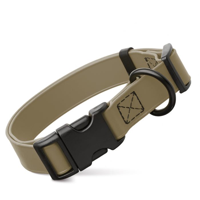 Coyote Brown dog collar with quick release buckle, made from waterproof Biothane, 3/4- or 1-inch wide