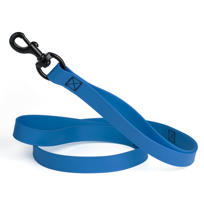 Cerulean Blue multi-handle dog leash with black snap hook, made from waterproof Biothane