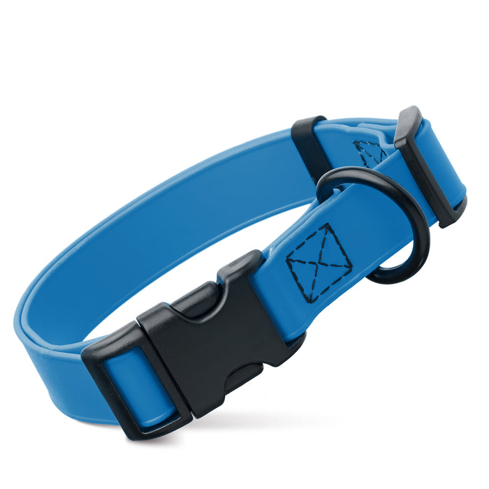 Cerulean Blue dog collar with quick release buckle, made from waterproof Biothane, 3/4- or 1-inch wide