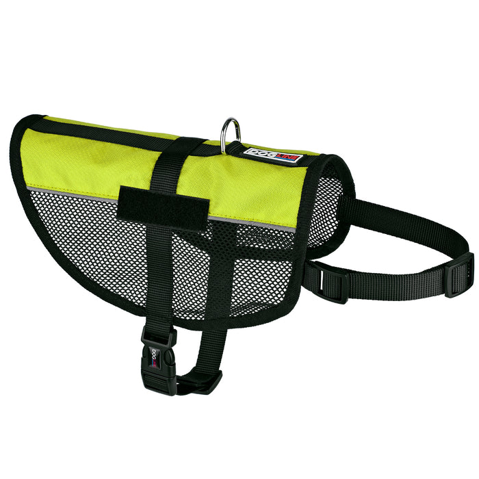 Lime green dog vest with adjustable straps, reflective stripes and patch loop backing