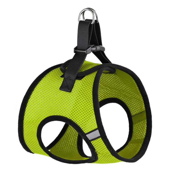 Lime green dog harness with reflective stripes and quick release buckle