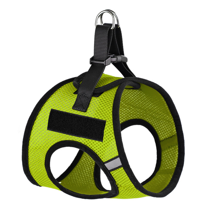 Lime green dog harness with quick release buckle and hook and loop fastener for removable patches, made from nylon mesh
