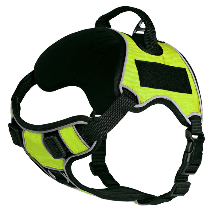 Lime green dog harness made from neoprene, with top handle and two hook and loop fasteners; adjustable straps