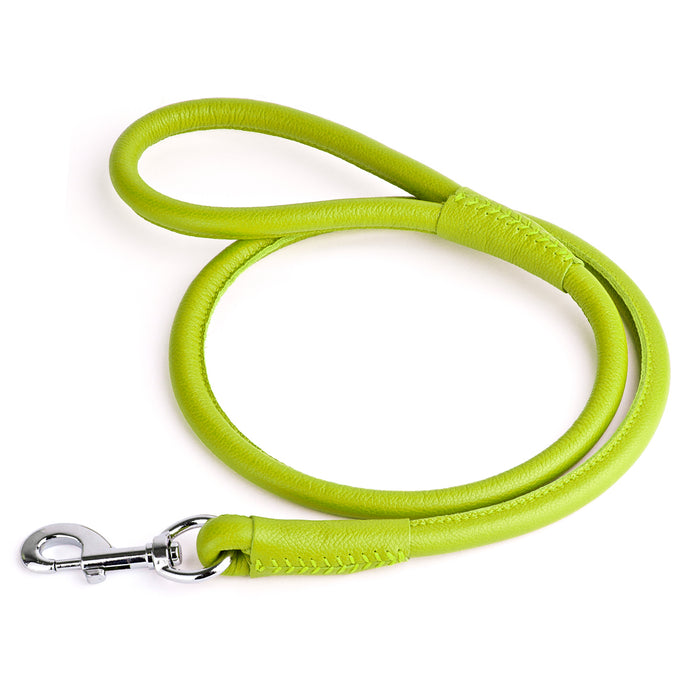 Lime green leather dog lead with metal snap hook, 1/2-inch wide