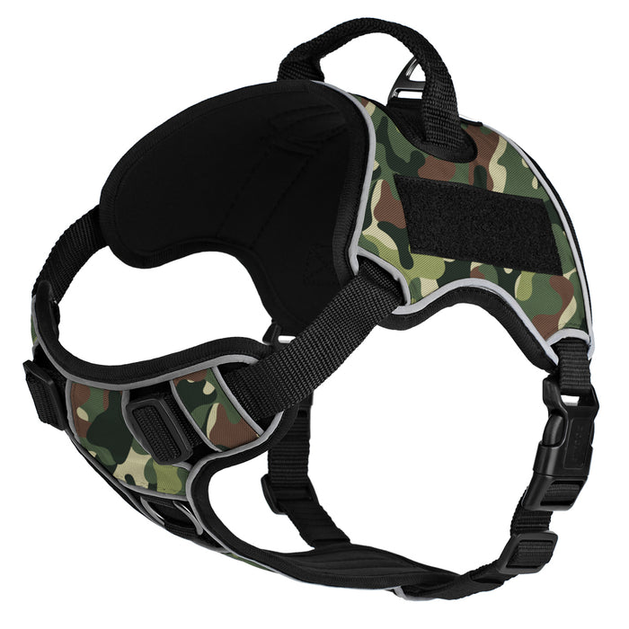 Green camo dog harness made from neoprene, with top handle and two hook and loop fasteners; adjustable straps