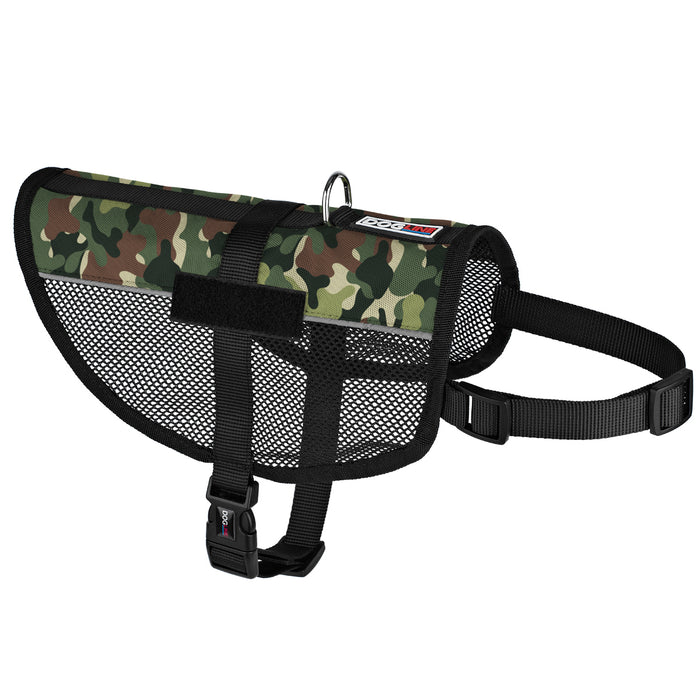 Green camo dog vest with adjustable straps, reflective stripes and patch loop backing