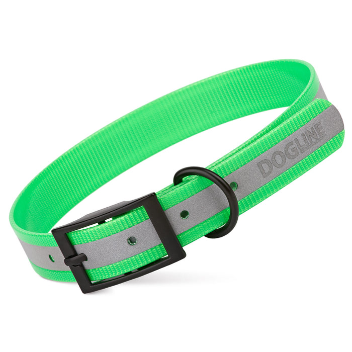 Green waterproof dog collar with reflective strip and buckle