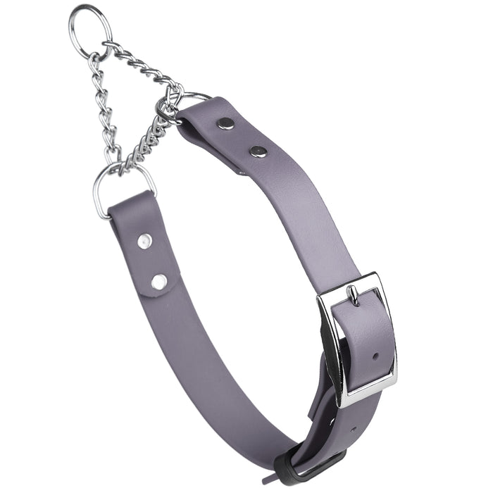 Battleship Gray adjustable martingale dog collar with buckle and Herm Sprenger assembly chain, made from waterproof Biothane
