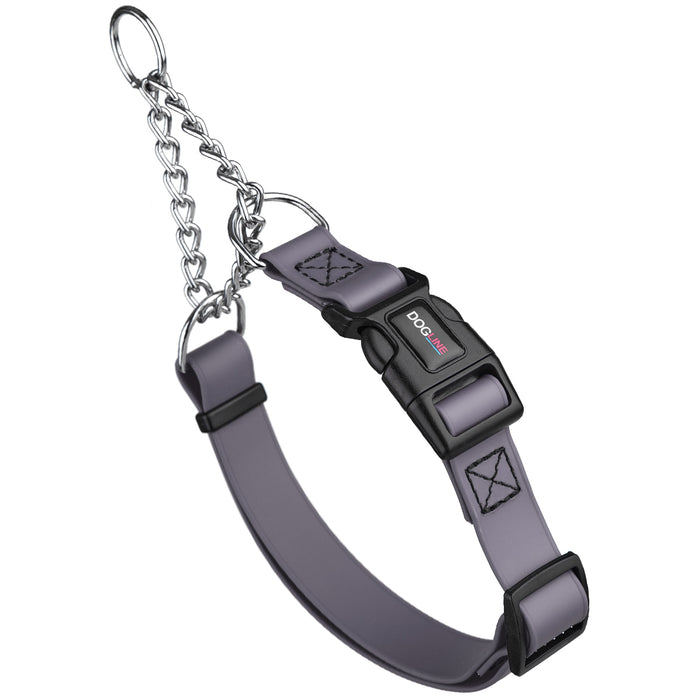 Battleship Gray martingale dog collar with quick release buckle and Herm Sprenger assembly chain, made from waterproof Biothane