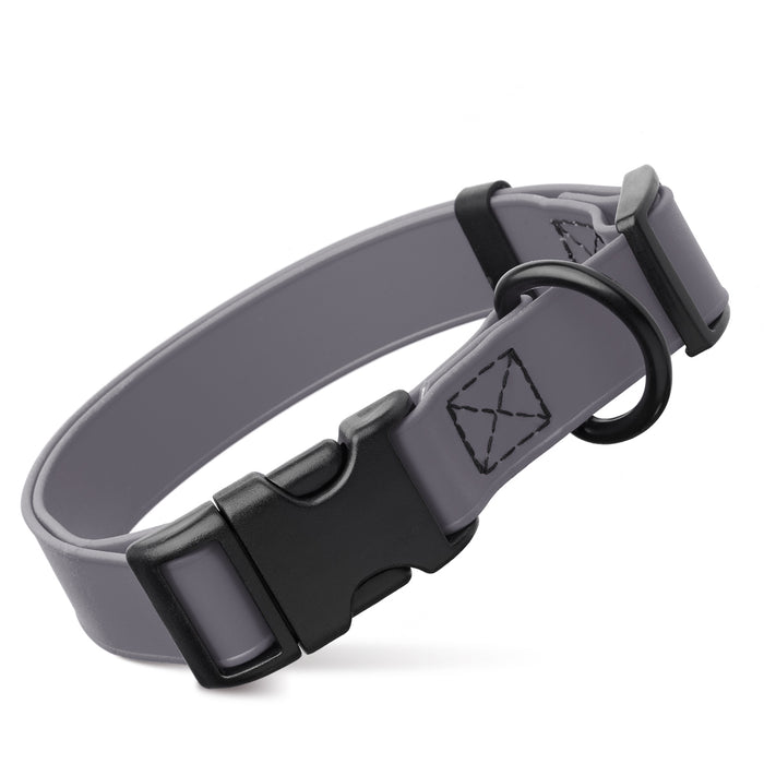 Battleship Gray dog collar with quick release buckle, made from waterproof Biothane, 3/4- or 1-inch wide