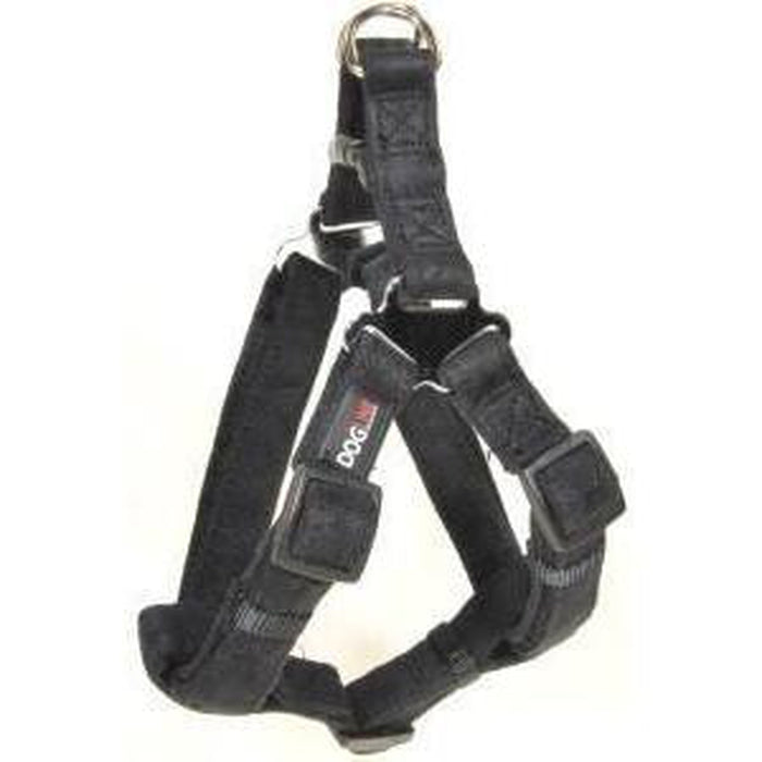 Black microfiber step-in dog harness with quick release buckle