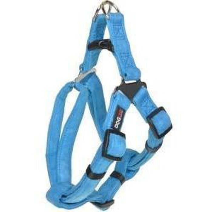 Blue microfiber step-in dog harness with quick release buckle
