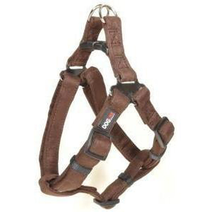 Brown microfiber step-in dog harness with quick release buckle