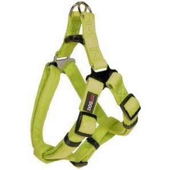 Green microfiber step-in dog harness with quick release buckle