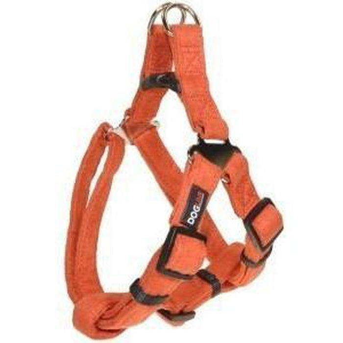 Orange microfiber step-in dog harness with quick release buckle