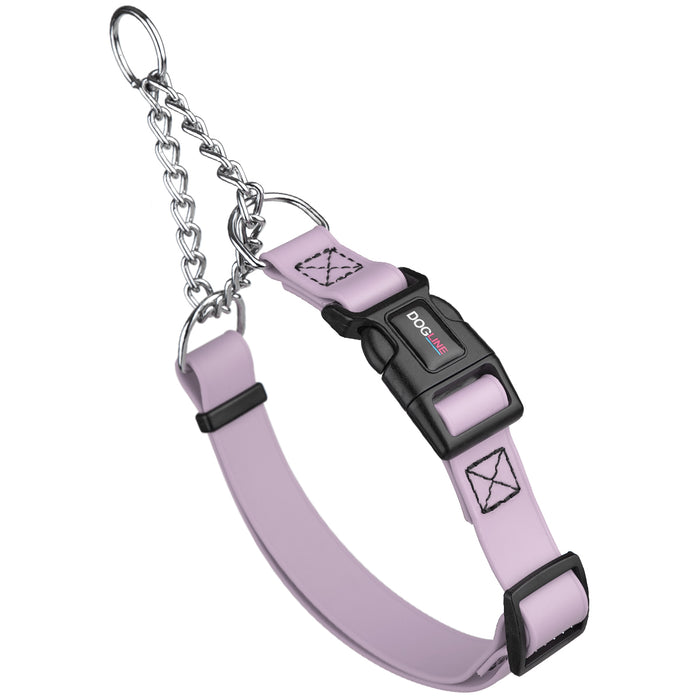 Pastel Purple martingale dog collar with quick release buckle and Herm Sprenger assembly chain, made from waterproof Biothane