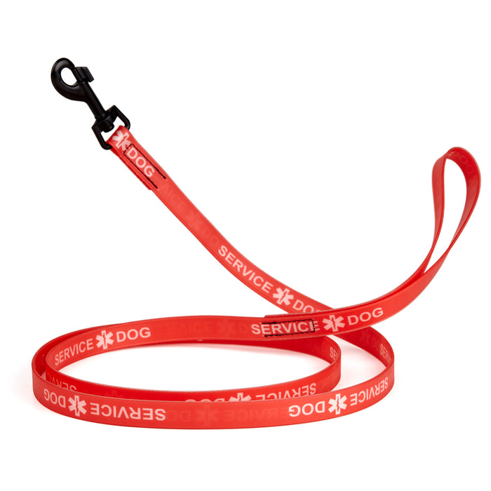 Red Service Dog leash with black snap hook, made from waterproof Biothane